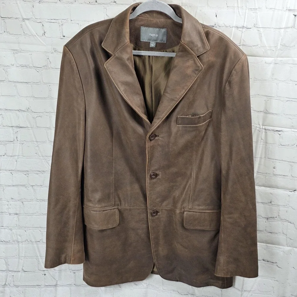 Leather Jacket Mens Apt.‎ 9 44L Vintage Y2K Long Brown Buttons Collared Preppy